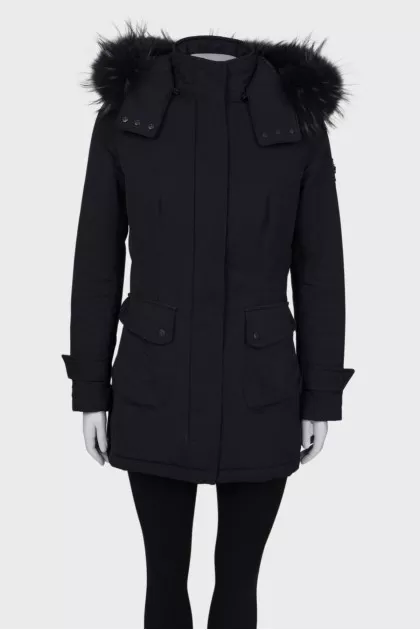 Black and blue down jacket with a hood