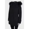 Black and blue down jacket with a hood