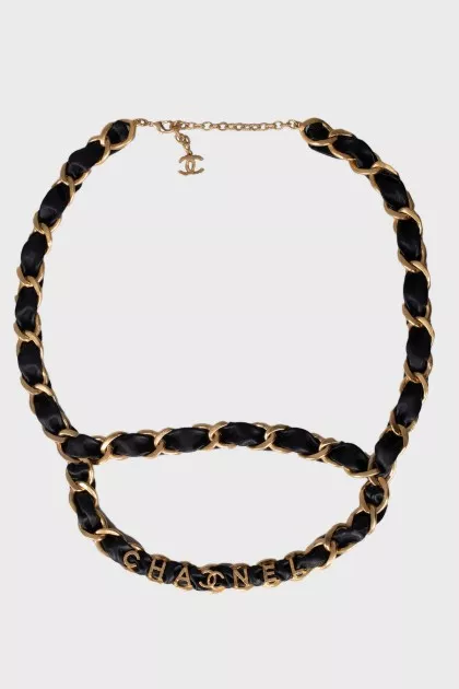 Ремінь 20C Letter Logo Black Leather Gold Chain