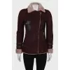 Shortened burgundy sheepskin coat