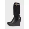 Leather boots with knitted top