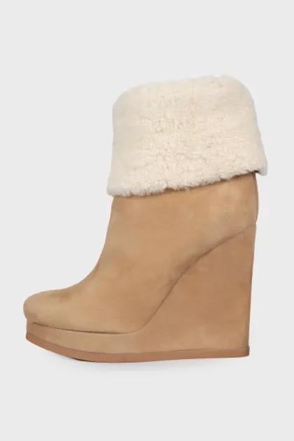Beige suede wedge boots