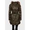 Khaki elongated down jacket under the belt with a tag