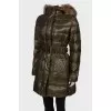 Khaki elongated down jacket under the belt with a tag