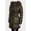 Long down jacket under the belt with a hood with a tag
