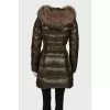 Long down jacket under the belt with a hood with a tag