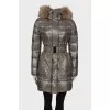 Long fitted khaki down jacket with tag