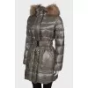 Long fitted khaki down jacket with tag