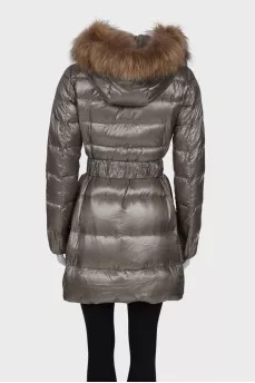 Long fitted khaki down jacket with tag