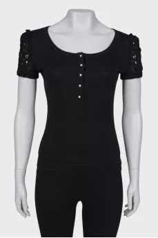 Black knit short sleeve blouse