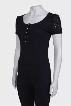 Black knit short sleeve blouse