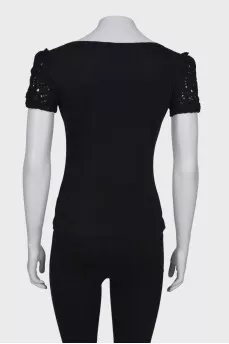 Black knit short sleeve blouse