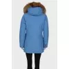 Blue parka with fur on the hood with a tag