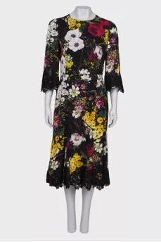 Printed silk dress with lace inserts