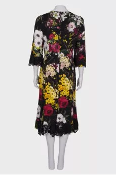 Printed silk dress with lace inserts