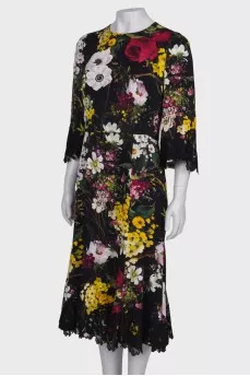 Printed silk dress with lace inserts