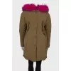 Green parka with pink fur with tag