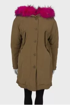 Green parka with pink fur with tag