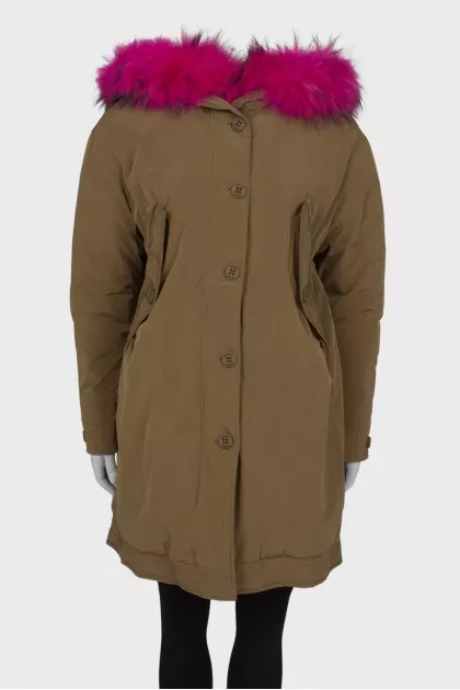 Green parka with pink fur with tag