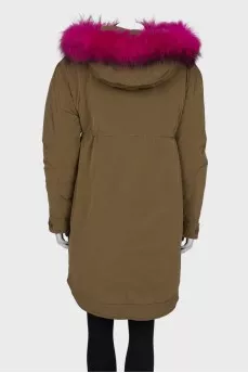 Green parka with pink fur with tag