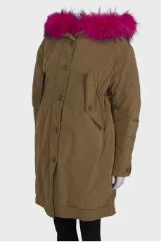 Green parka with pink fur with tag