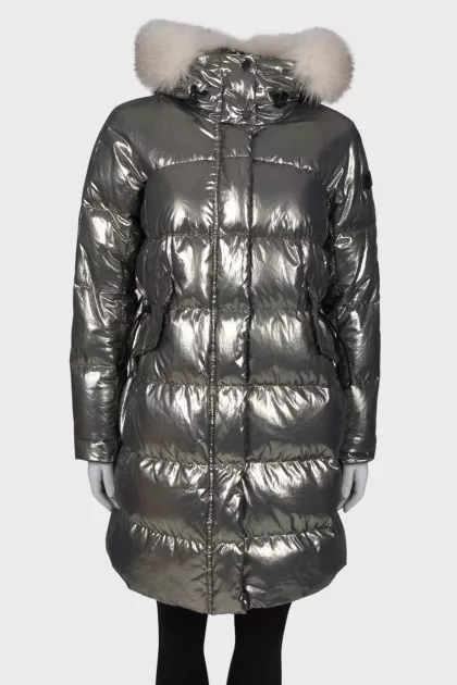 Silver down jacket with a hood