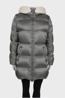 Gray down jacket with a hood