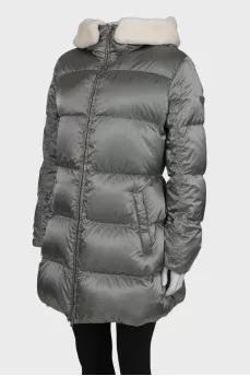 Gray down jacket with a hood