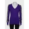 Wool sweater with lace sleeves