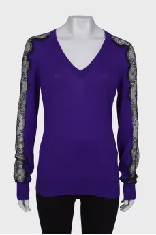 Wool sweater with lace sleeves