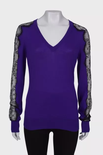 Wool sweater with lace sleeves
