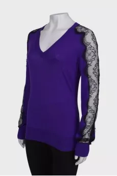 Wool sweater with lace sleeves