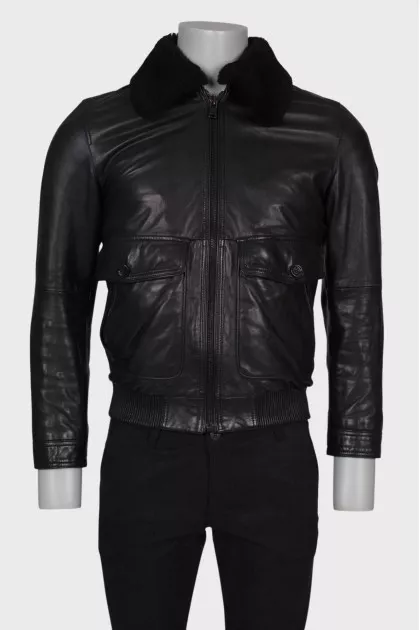 Men's leather sheepskin coat with lamb fur