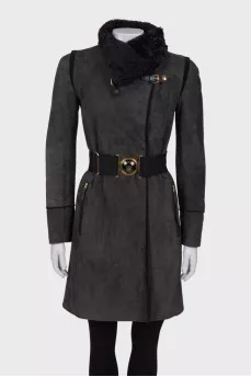 Gray sheepskin coat with the belt
