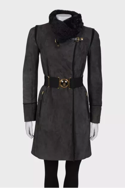 Gray sheepskin coat with the belt