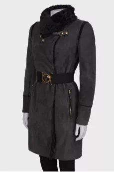 Gray sheepskin coat with the belt