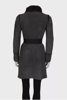 Gray sheepskin coat with the belt