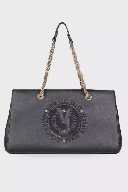 Black leather bag with brand logo