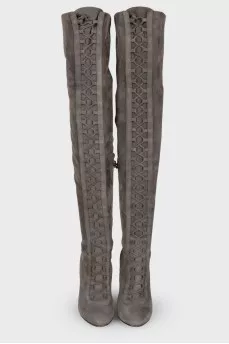 Graphite lace-up over the knee boots