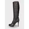 Leather boots with metal rhinestones