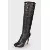 Leather boots with metal rhinestones