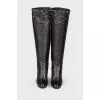 Leather boots with metal rhinestones