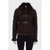 Dark brown sheepskin coat with fur on the collar