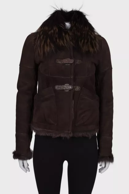 Dark brown sheepskin coat with fur on the collar