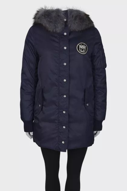 Navy blue down jacket with rhinestones