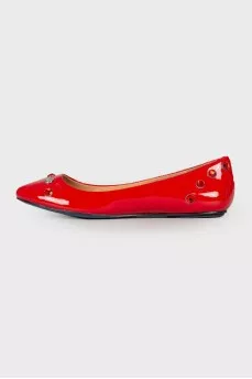 Red ballerinas with rhinestones, with a tag