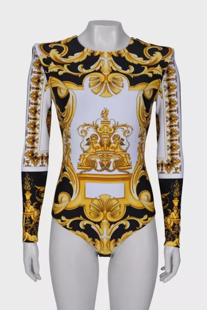 Printed bodysuit with shoulder pads