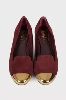 Burgundy ballet flats with metallic toe
