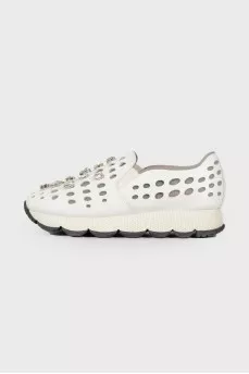 Leather sneakers with perforations and rhinestones