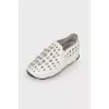 Leather sneakers with perforations and rhinestones